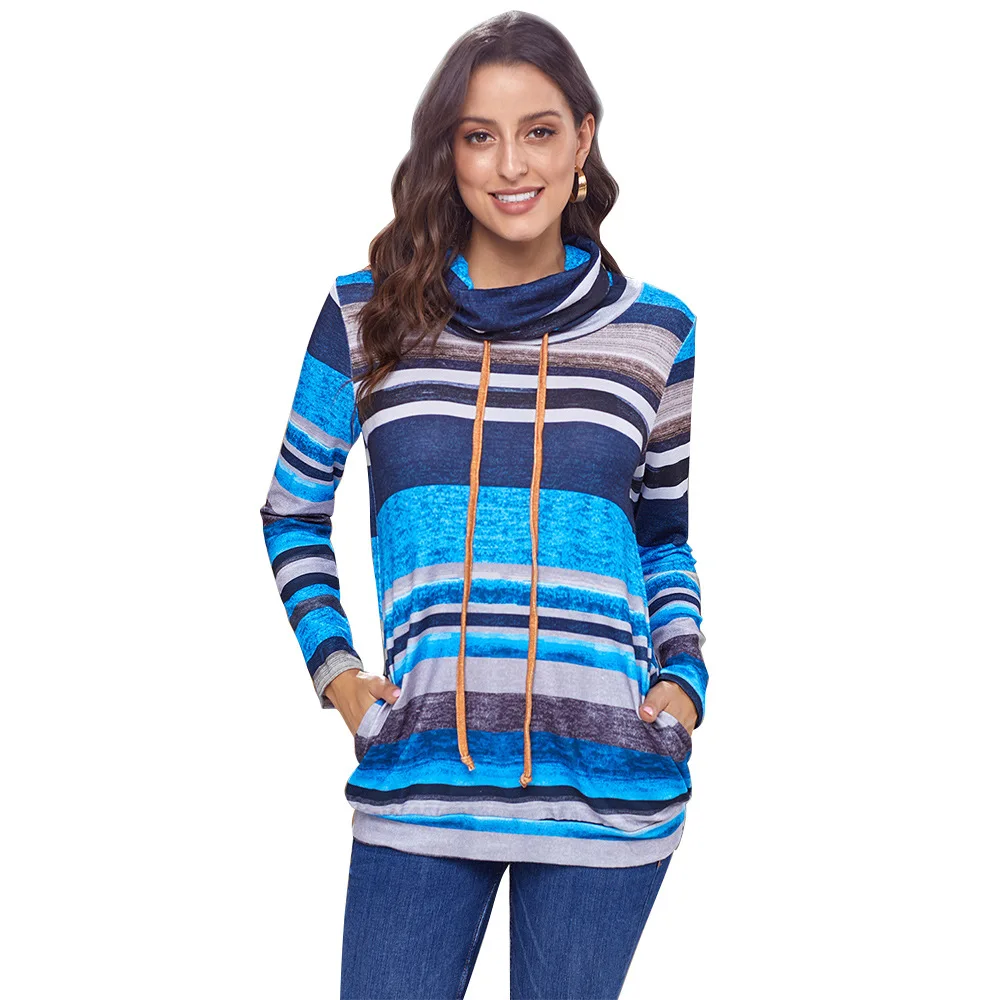 2020 New Style Female Blusas Casual Autumn Plus Size Cowl Neck Vibrant Multicolor Striped Long Sleeve Sweatshirt | Женская одежда