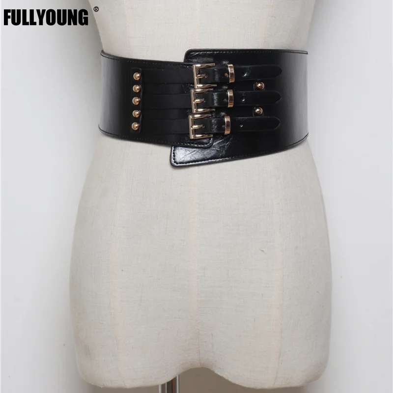 

Fashion Women Multi-row Metal Buckle Wide Belt Multicolor Pu Leather Dress Coat Waist Corset Strap All-match Spring Summer 2021