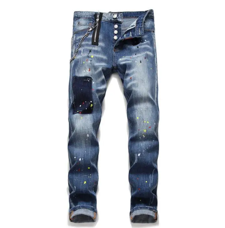 Washed and splashed paint men's jeans cat beard slim stretch для мужчин джинсы new style american foot trend beggar pants