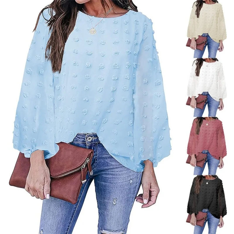 

Donsignet Fashion Solid Color Round Neck Loose Long Sleeve Women Shirts Casual Knitted Tops for Women T Shirt Women