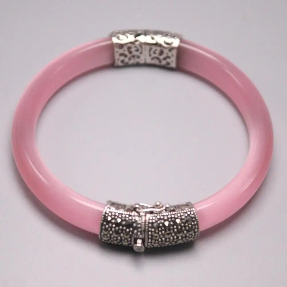 

Real 925 Sterling Silver And Pink Opal Bracelet Width 13mm Relief Pattern Bangle Diameter 59mm