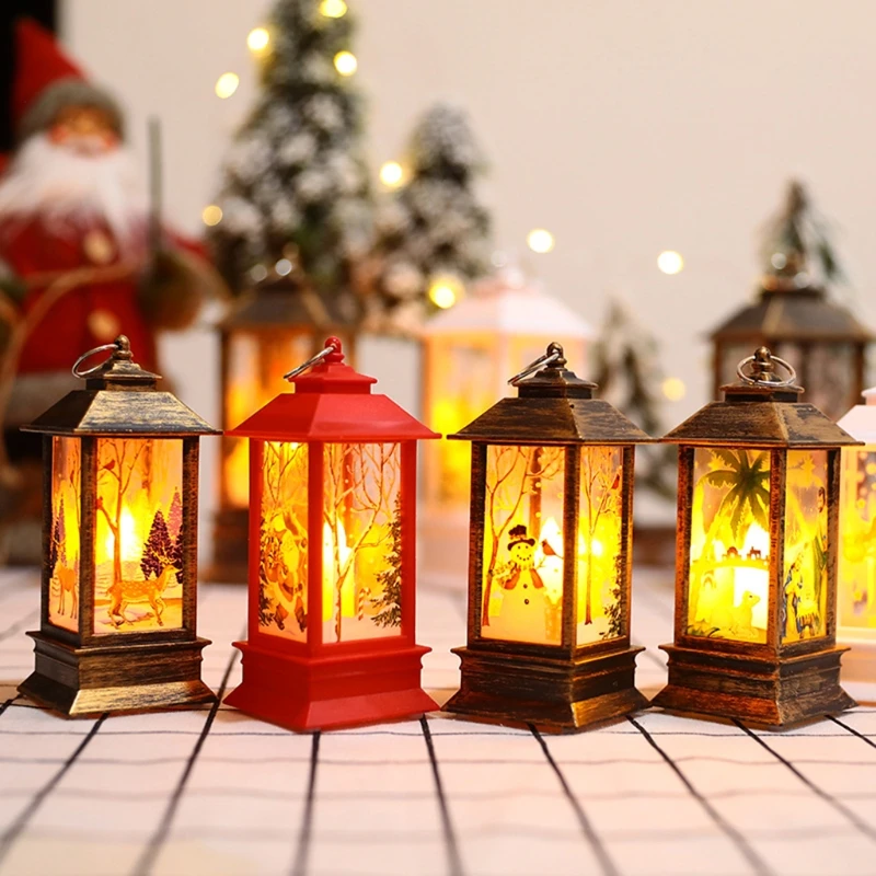 

C90D Christmas Vintage Lighted Lantern Cartoon Santa Snowman Reindeer Pattern Candle Lamp Candlestick Xmas Indoor Outdoor