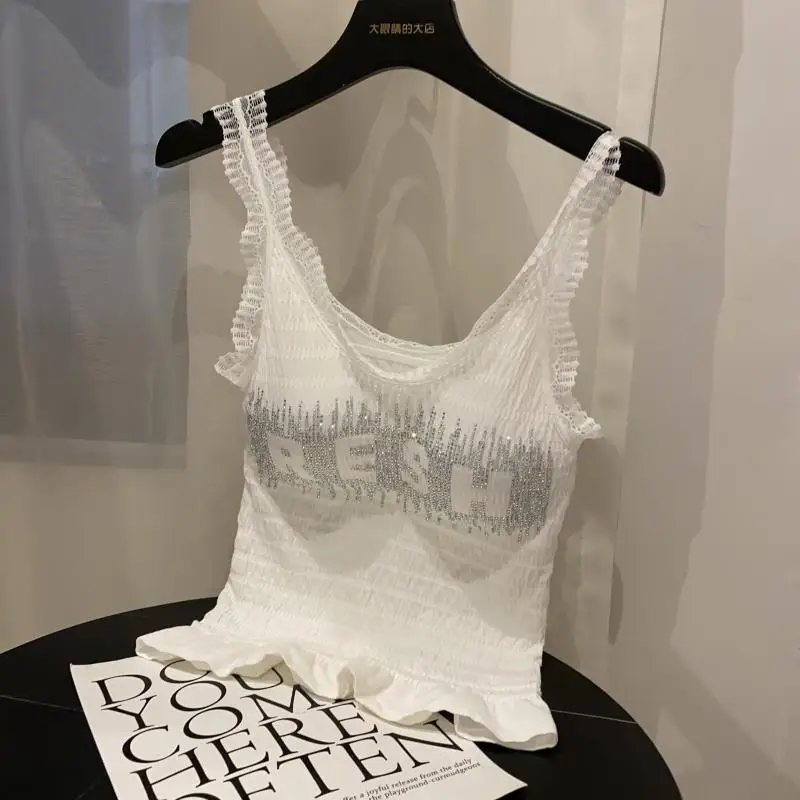 

Net Red Women Tanks 2021 New Autumn Fashion Gradient Hot Drilling Letter Lace Edge Camisoles Stretch Waist Female Slim Top