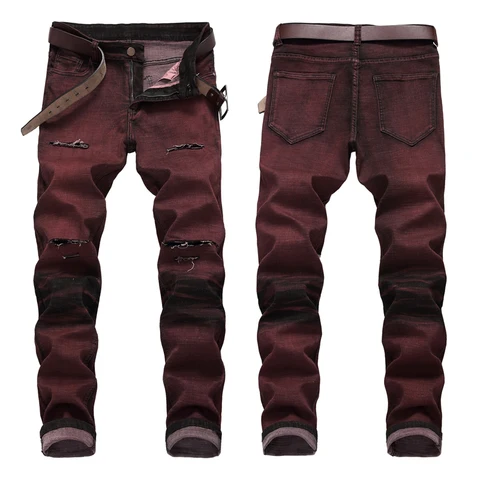 Мужские облегающие джинсы, модные байкерские рваные ковбойские брюки с дырками, Брендовые брюки красного вина, новинка 2020