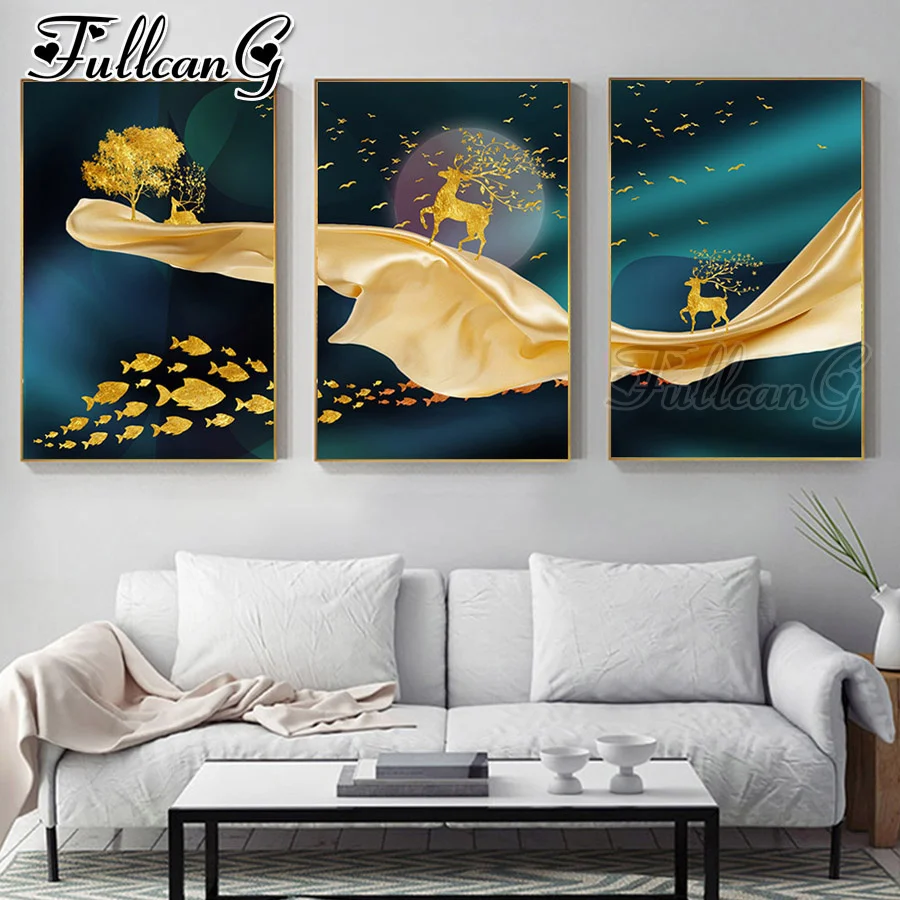 

Алмазная вышивка FULLCANG 5d «сделай сам», картина с золотыми линиями, пейзажем, рыбой, олень, Триптих, декор с квадратными и круглыми стразами ...