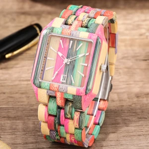 Colorful Square Full Wood Watch Quartz Men Women Watches Minimalist Dial With Calendar Watch Retro W