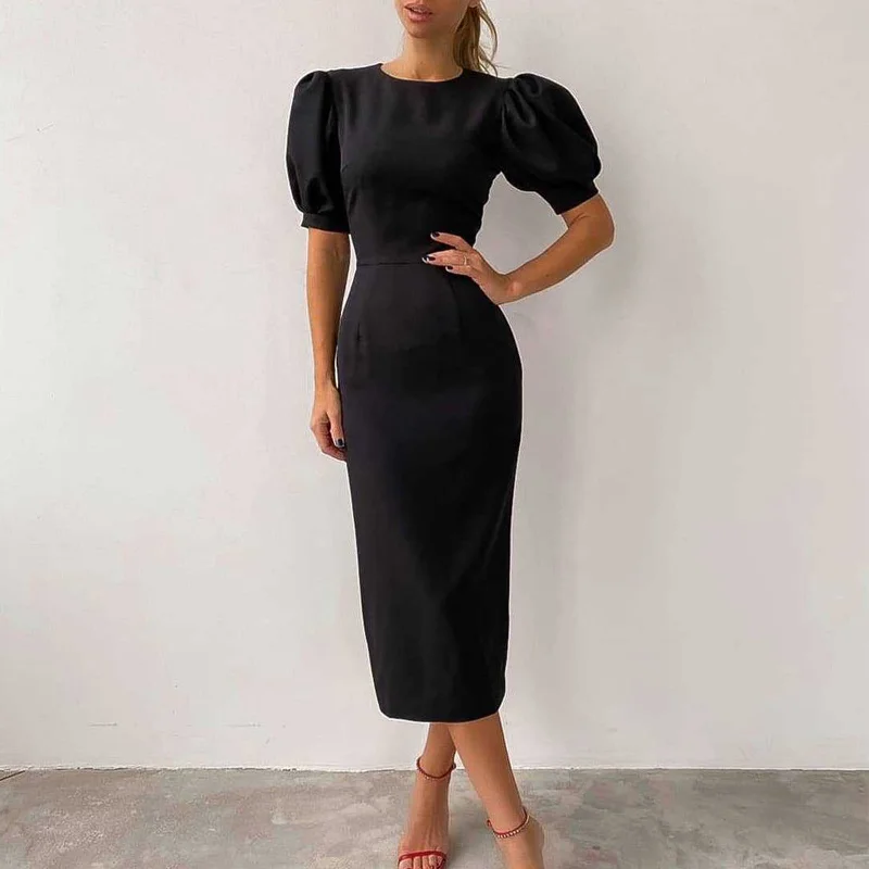 

Casual Black Midi Dress Ladies Short Sleeve Elegant Women Dresses High Waist Slim O Neck Puff Sleeve Summer Pencil Dress