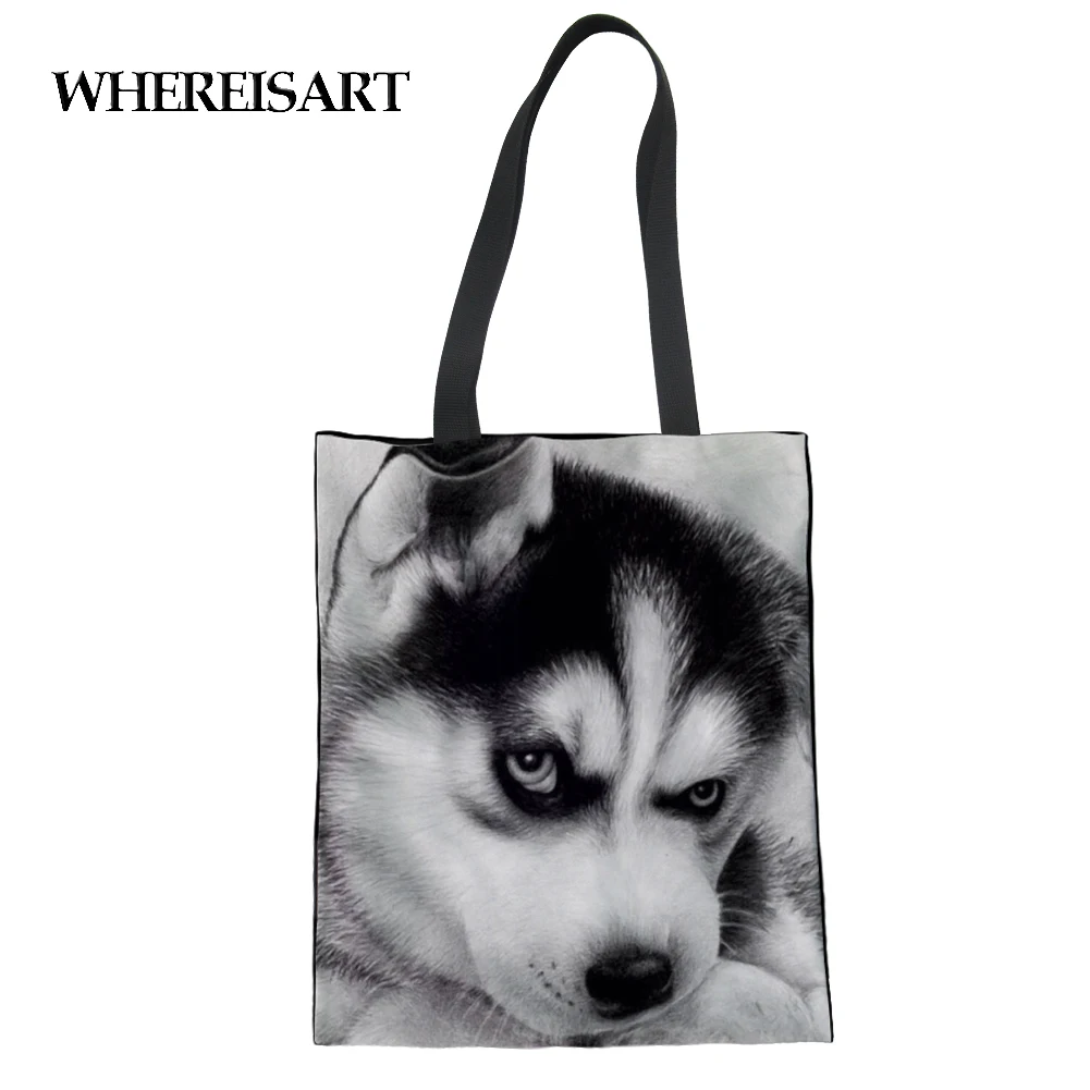 

WHEREISART Cute Husky Printed Women Canvas Shoulder Bag Clutches Daily Handbags Casual Shopping Bag For Ladies Bolsa Feminina
