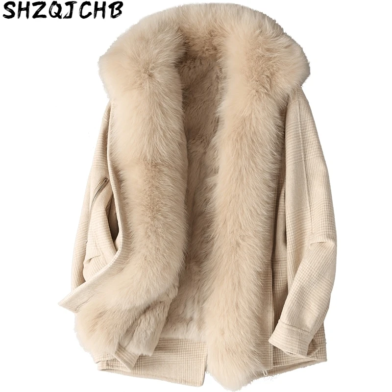 

JCHB 2021 Winter Coat Women Natural Rex Rabbit Fur Liner Wool Jacket Real Fur Coat Female Fox Fur Collar Woman Parkas X241800DM