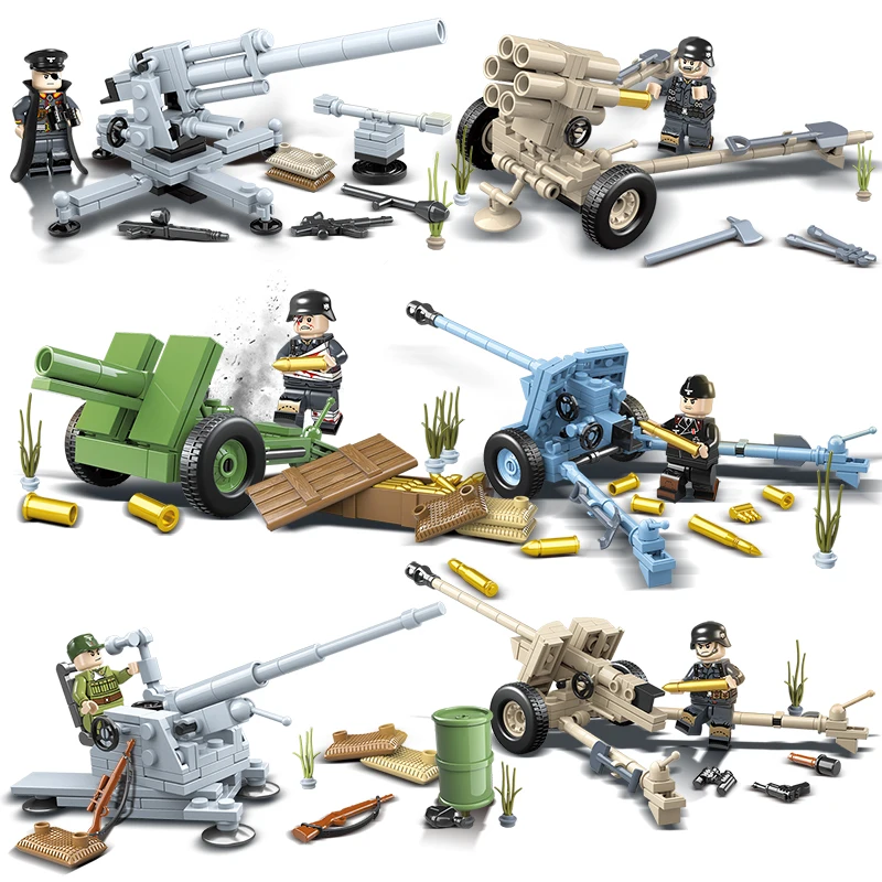 

6Pcs World War 2 Military Building Blocks Derenzi Boy Anti-Tank Artillery Assembled Toys U.S. Germany WW2 camion 100077