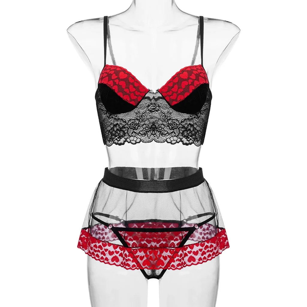 3 шт. сексуальное нижнее белье с принтом сердца Порно кружевной бюстгальтер +