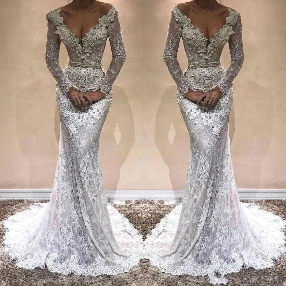 Silver Lace Mermaid Evening Dresses With Long Sleeves Beaded Pearls Sash Robe De Soiree Formal Dress | Свадьбы и торжества