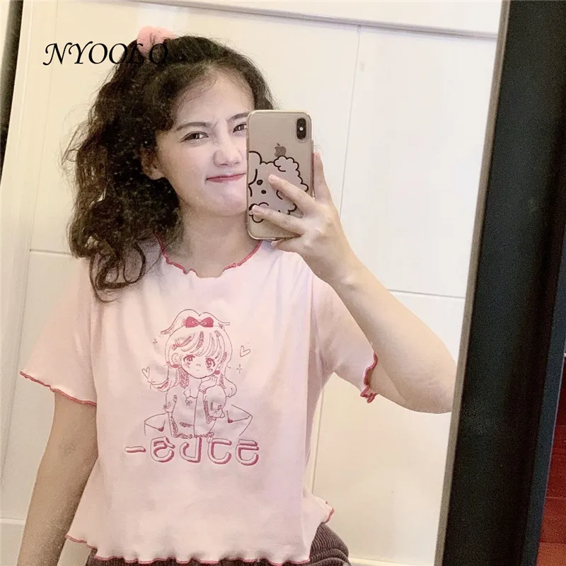 

NYOOLO Harajuku Japanese Sweet Comic Girl Embroidery Short Sleeve O-Neck T-Shirt Women 2021 Summer Streetwear Pullovers Tops Tee