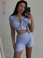tossy women ribbed slim sport shorts set button o neck cropped top and patchwork shorts 2 pieces suit summer basic streetwear