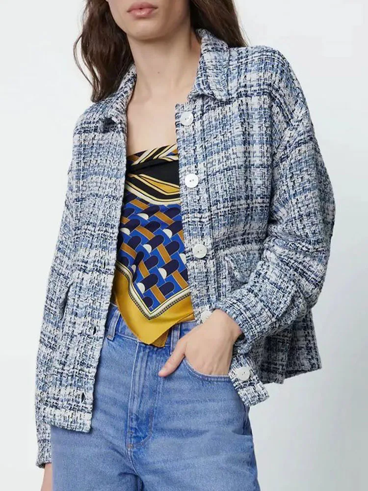 

ZA autumn new products casual all-match women's lapel long-sleeved pocket single-breasted texture plaid shirt jacket women