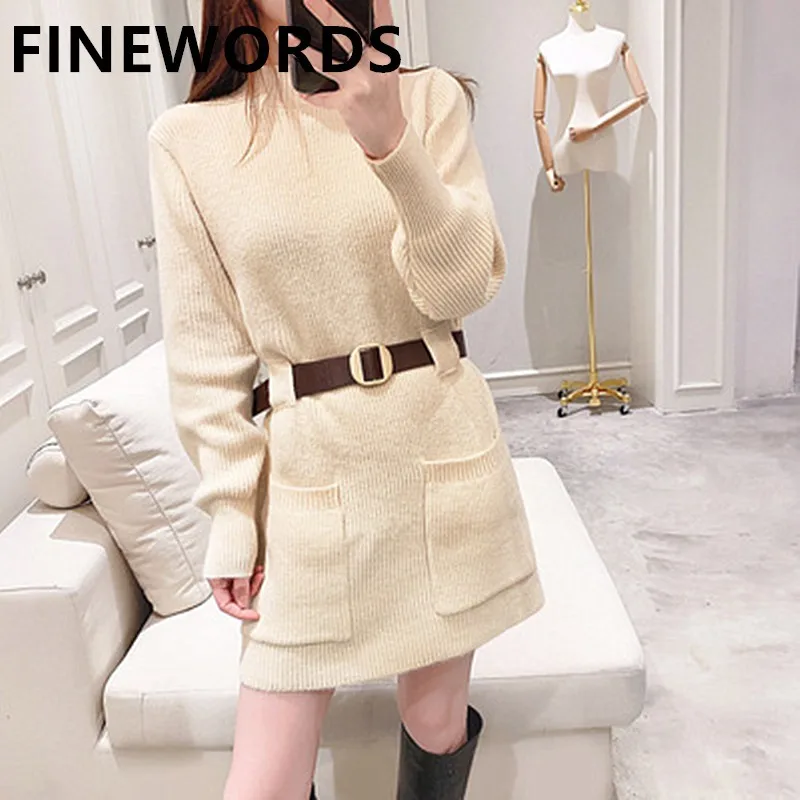 

FINEWORDS Solid Korean Straight Knitted Winter Dress With Belt Casual Vintage Sexy Mini Dress Long Sleeve O Neck Sweater Dresses