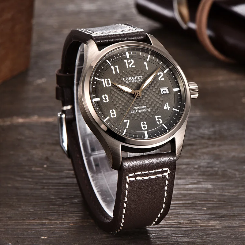 

CORGEUT Brand Mens Watch 40mm Sterile Dial Luminous Date NH35 Automatic Movement Pilot Waterproof Mechanical Wristwatch Mens