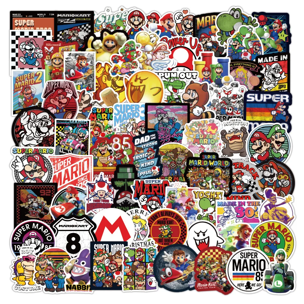 Pegatinas de equipaje de estilo Mario para decoraci&oacute;n de botellas de agua, pegatinas de dibujos animados, para regalos, bricolaje, port&aacute;til, tel&eacute;fono, nevera, guitarra, 100 Uds.-0