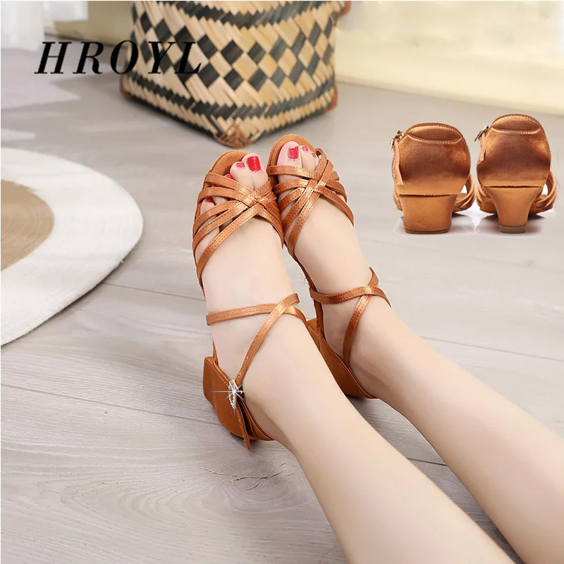 HROYL 2020 New Women latin dance shoes for children satin salsa ballroom dance shoes children tango salsa shoes soft fashion