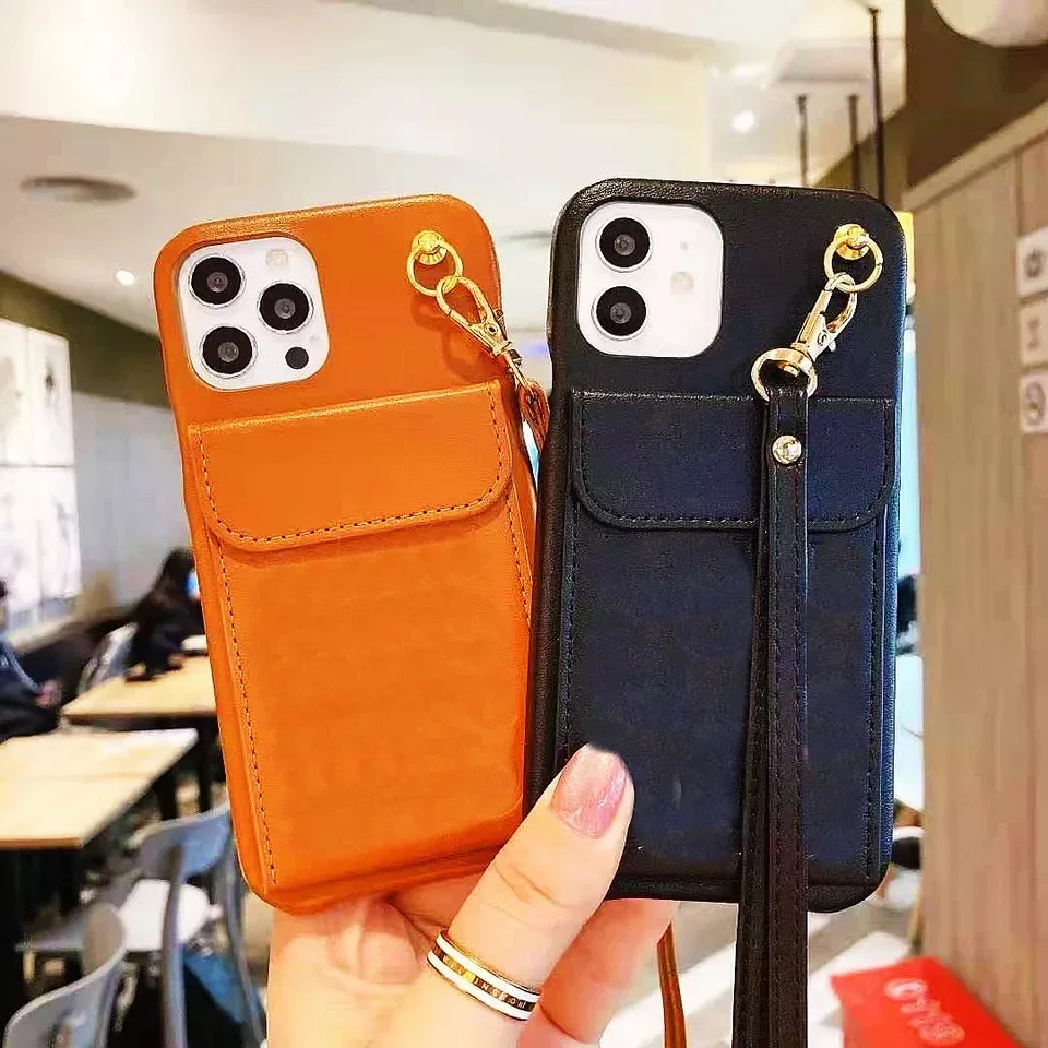 

LO18 High Quality Leather Card Pocket Neck Strap Phone Case For iPhone 12 11 Pro Max 7 8 Plus XR X Luxury Brand Wallet Phone Ba
