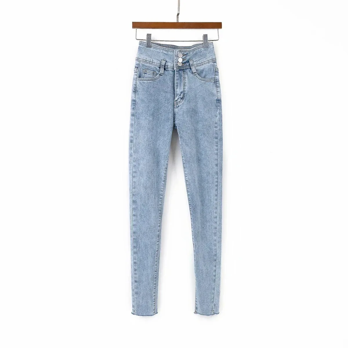 

Women's Three-Button Jeans 2021 New Spring and Autumn High Waist Slimming Light Blue Slim Fit Ankle-Length Slim-Fit Pants
