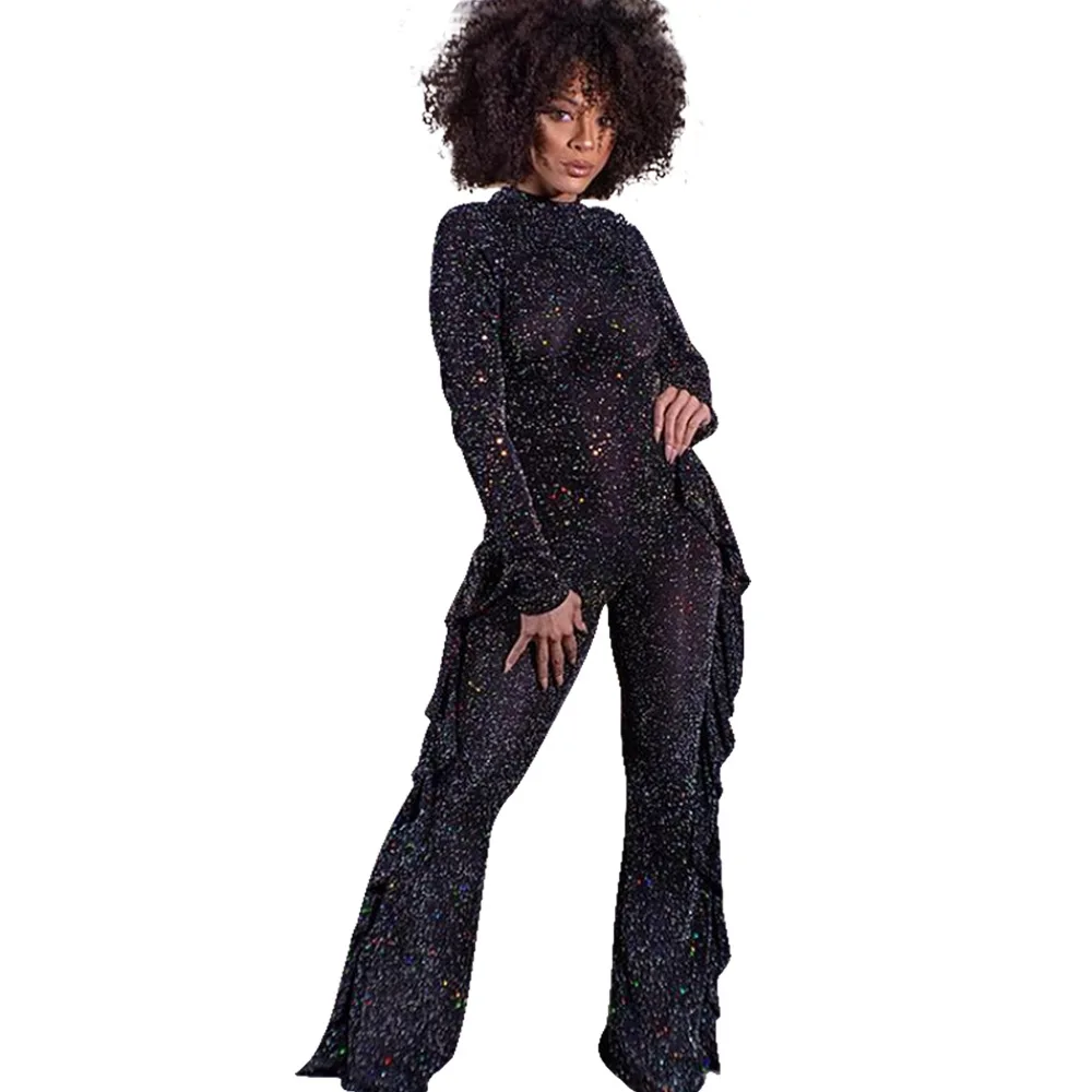 

New Arrive Sexy Back Hollow Out Women Party Sequins Jumpsuits With Flouncing +Long Sleeves Turtleneck Hottest Nightclub Rompers
