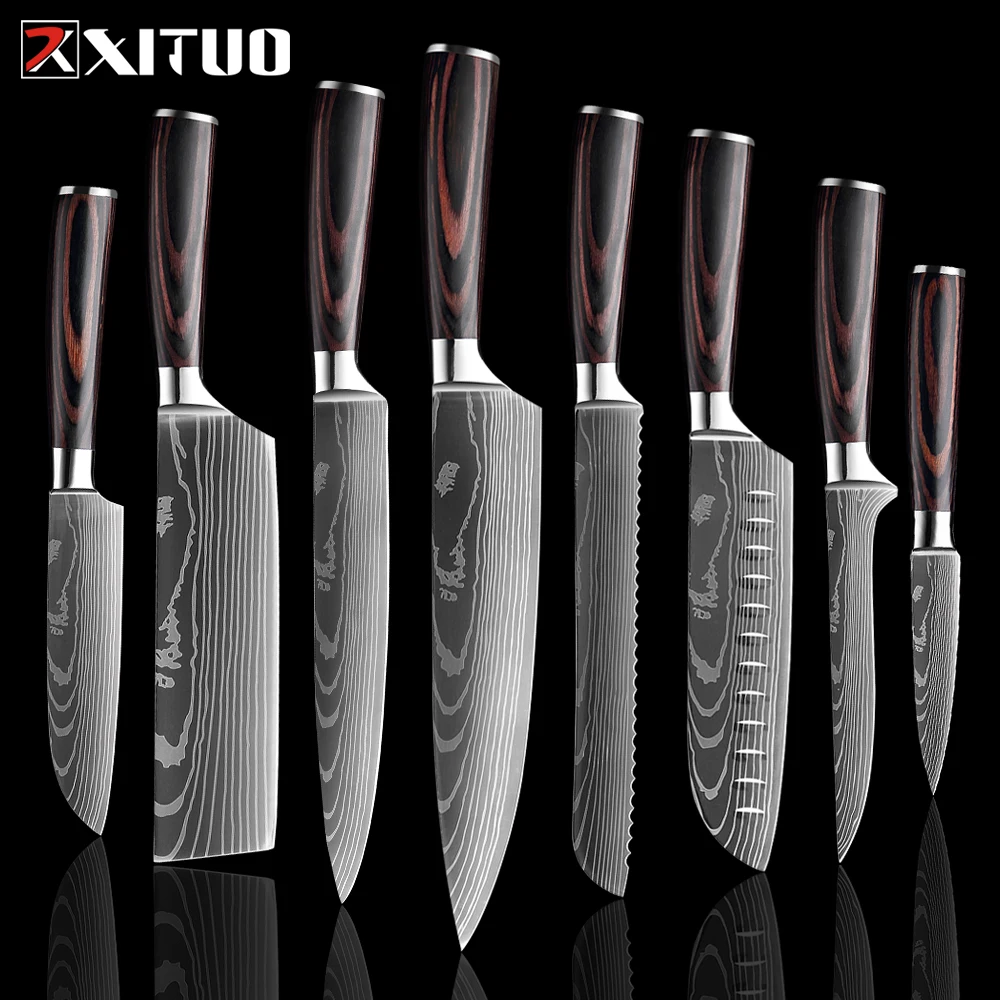 

Набор японских кухонных ножей XITUO 7CR17 440C, 8 дюймов, из высокоуглеродистой нержавеющей стали, дамасский инструмент сантоку для лазерной нарез...