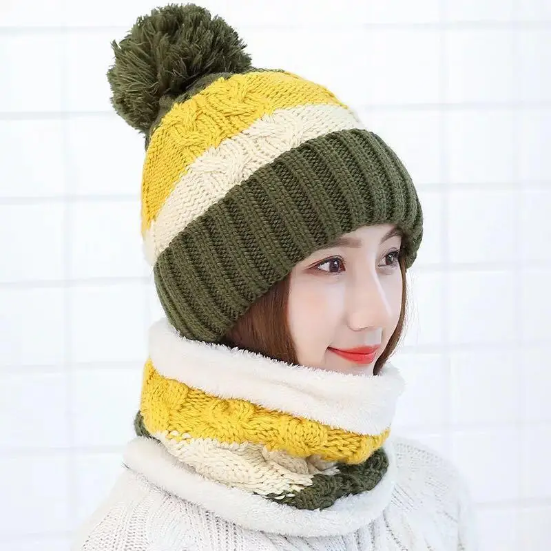 Fashion Winter Hat Scarf Set For Women Girl Warm Beanies Cap Lady Ring Scarf Pompoms Winter Hats Knitted Caps Scarf 2 Pieces