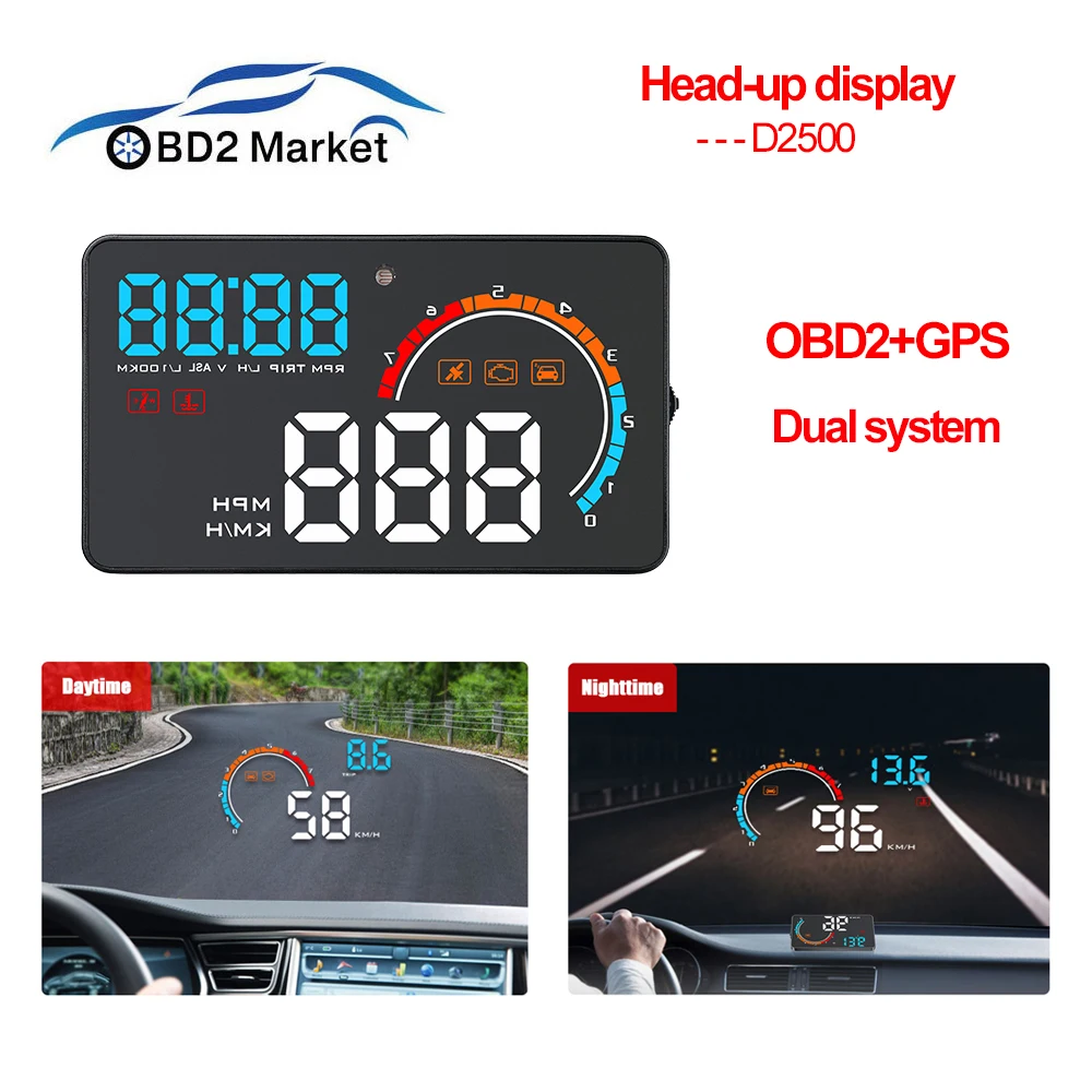 Автомобильный проектор с дисплеем D2500 Hud OBD 2 GPS двойная система OBD2 сканер цветной
