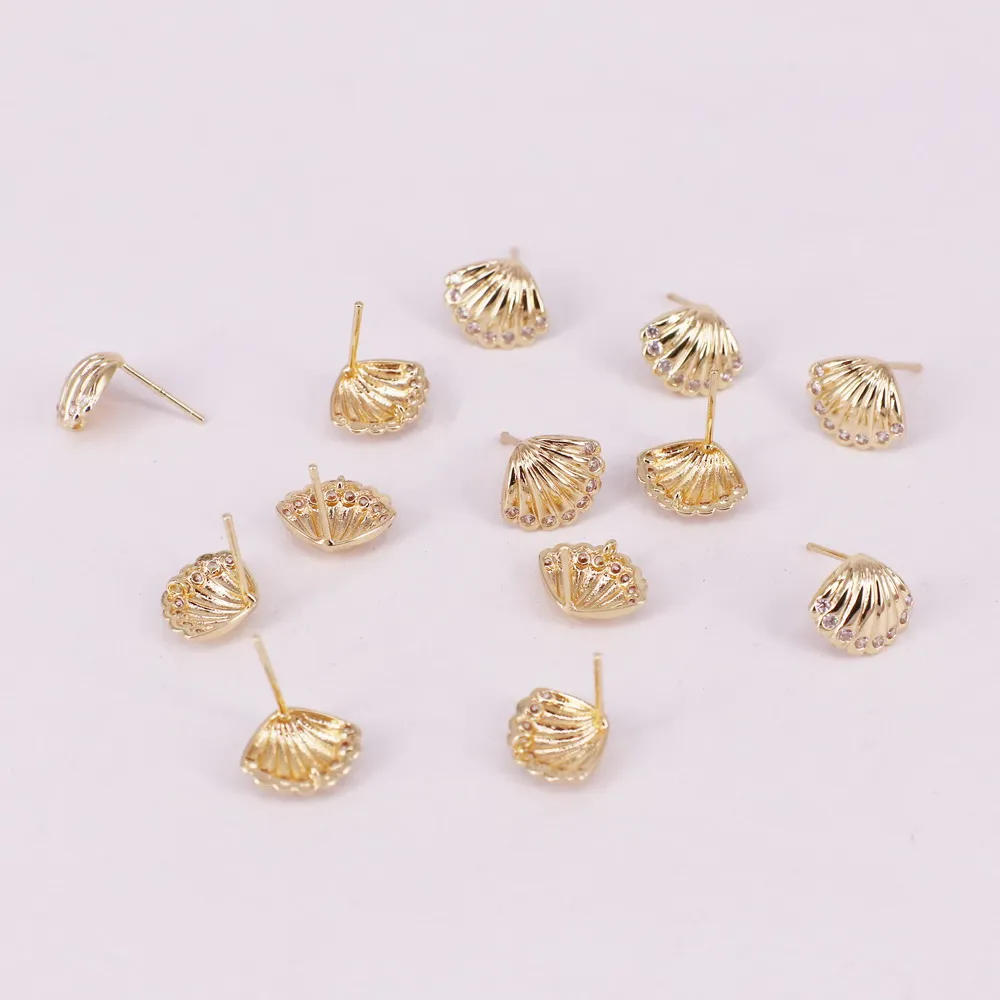 brass shell shape ear stud fittings with cz silver pin allergy free high quality gold plated DIY jewelry accessory | Украшения и