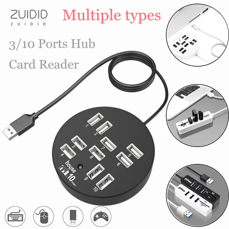 

USB Hub Combo 3/10 Ports 2.0 Micro Card Reader SD/TF High Speed Multi USB Splitter All In One for PC Computer Accessories