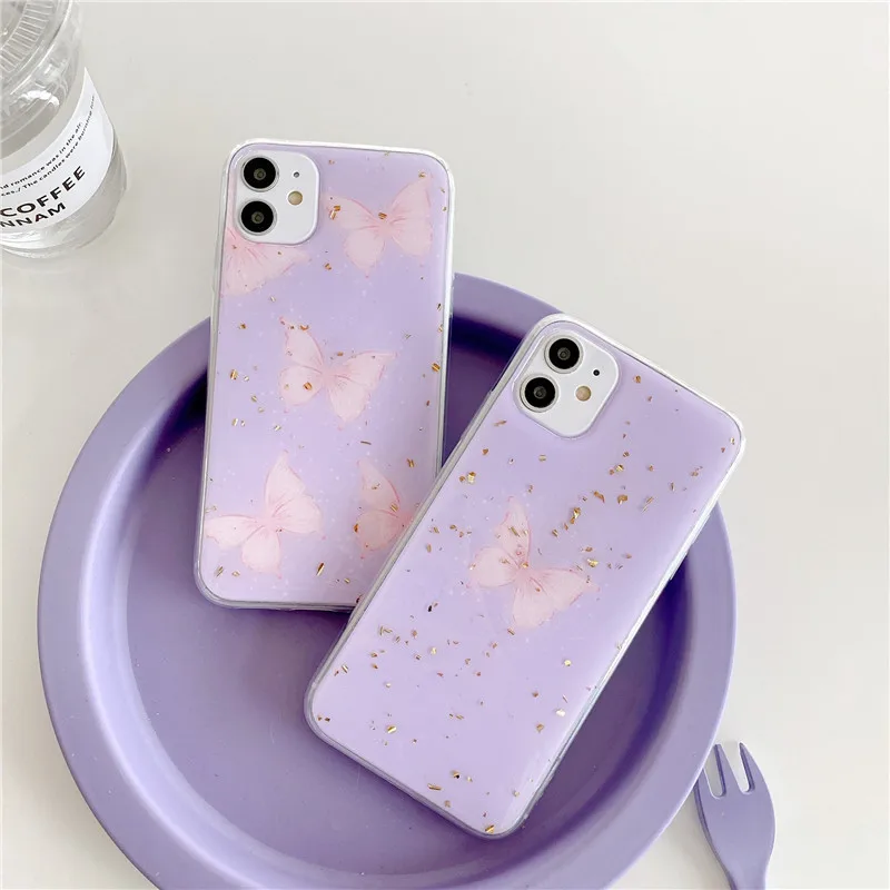

Purple Glitter Butterfly Silicone Soft Phone Case For iPhone 7 8 Plus 2020 SE X XR XS Max 11 11Pro 12 12Pro Max Pro Mini Case