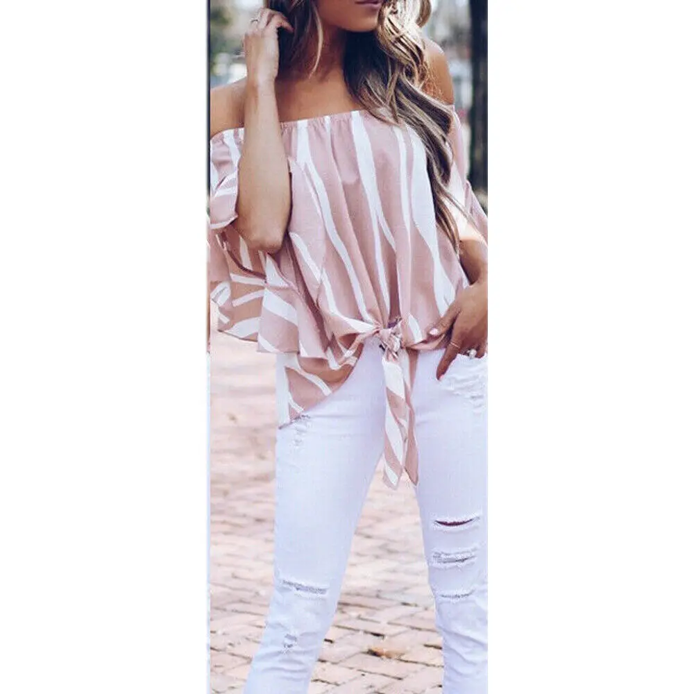 

Fashion Womens Off Shoulder Ruffles Short Sleeve Striped Tops Ladies Summer Casual Loose T-Shirt Size S-2XL
