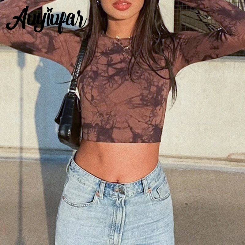 

Auyiufar Tie Dye Fairy Grunge Retro Tshirts Y2k Aesthetic Goblincore Print Women Slim Crop Top Streetwear Casual Long SleeveTees