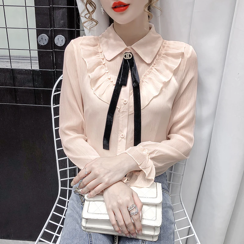 COIGARSAM Милая рубашка с длинным рукавом Женские топы Новые весенние шифоновые