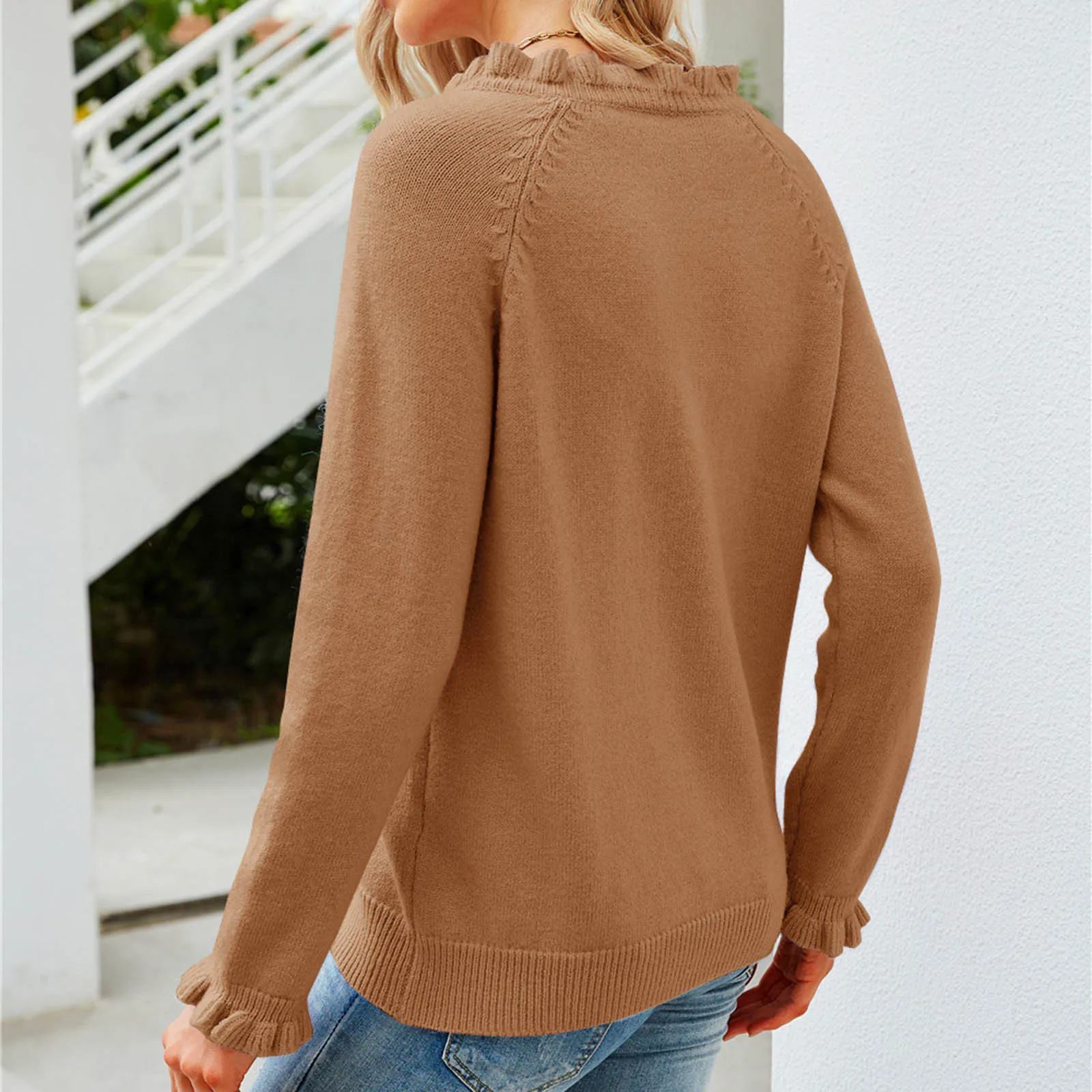 Женские свитера с круглым вырезом повседневный Однотонный свитер рюшами длинным