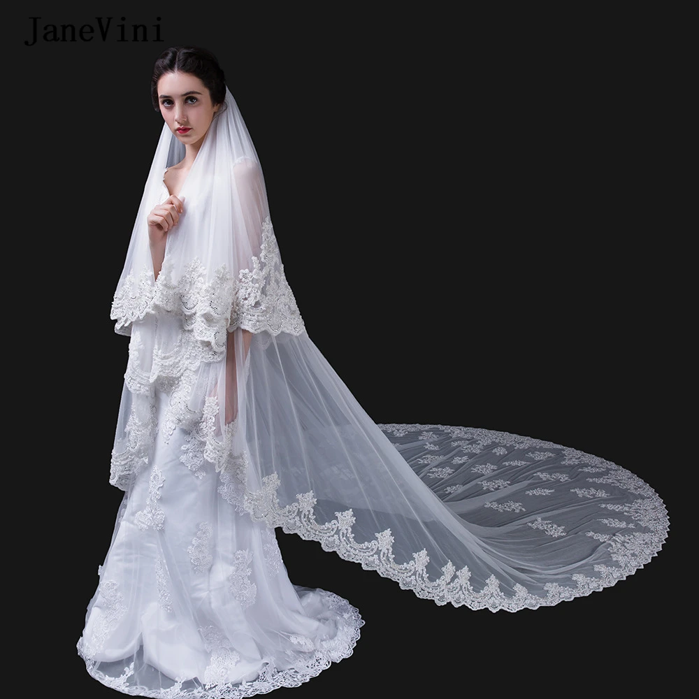 

JaneVini Luxury Beaded Ivory Wedding Veil 2 Layers Appliques Edge Pearls Tulle Bridal Veils Cathedral Long Wedding Accessories