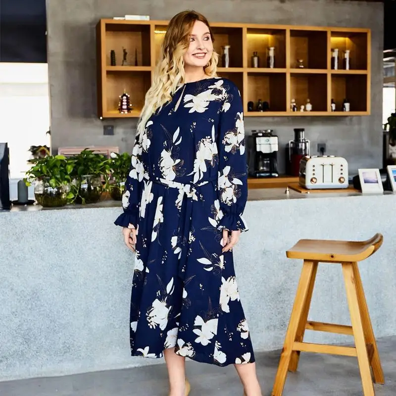 2019 осень размера плюс для женщин Цветочный принт платье повседневное длинное в