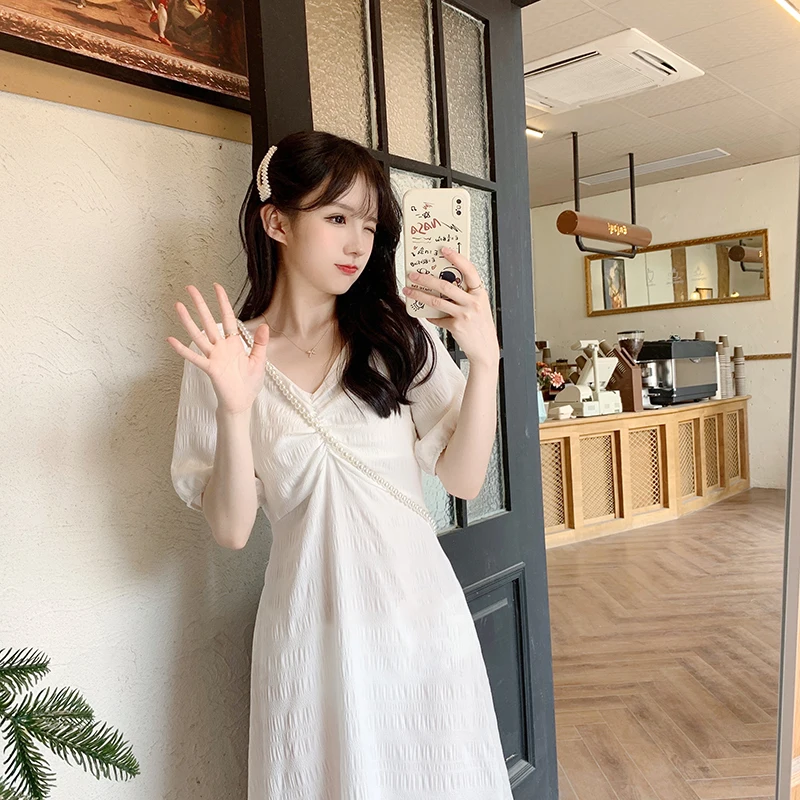 

French white v-neck shirt dress female temperament to receive new waist 2021 summer dress show thin