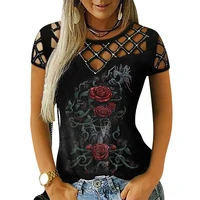 women sexy hollow out t shirt short sleeve crew neck see through tops summer fashion rose flower office tops gothic clothes
