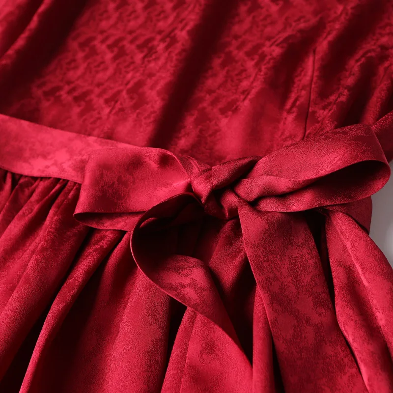 

VOA Chinese Red Long Sleeve Elegant Silk Maxi Dress Women Party Woman Night Summer Dresses Loose Vestidos Clothes A6057