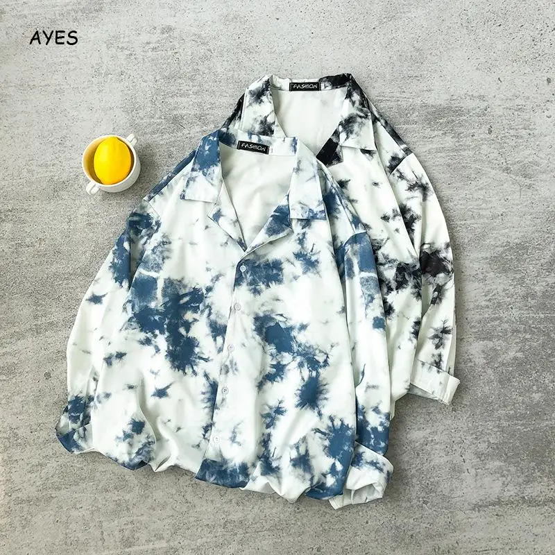

Men Tie Dye Shirt Top Male Long Sleeve Button Up Turn Down Collar Shirt Fresh Simple Casual Shirts Man Harajuku Loose Shirts New