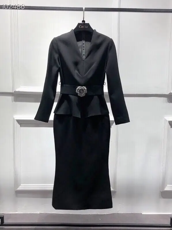 

XXL Dress Vestidos 2020 Spring Summer Party Midi Dresses Women V-Neck Flower Belt Patchwork Long Sleeve Bodycon Sheath Dress OL