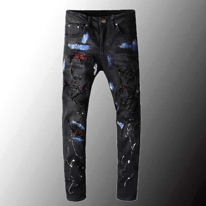 

Minglu Luxury Mens Crystal Blue Painted Black Jeans Fashion Slim Skinny Rhinestone Holes Ripped Patchwork Stretch Denim Pants 40