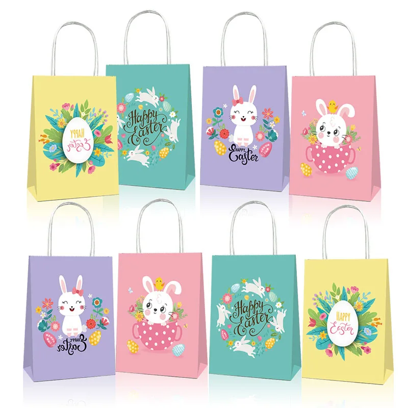 

12/24pcs Easter Gift Bag Cute Bunny Rabbit Eggs Printed Kraft Paper Bags Baking Bread Biscuits Snack Candy Packaging Bag