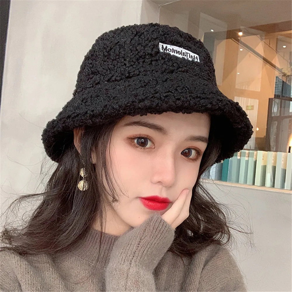 2021 Korean Hat Fisherman Hat Female Autumn and Winter Fashion Tide Imitation Lamb Plush Wild Warm Pot Hat Plus Velvet Net Red