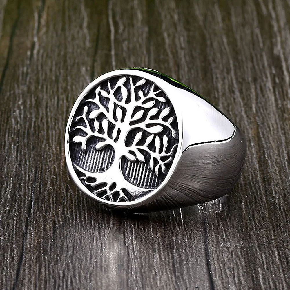 Vintage Steel/Gold Stainless Steel Tree Of Life Ring Men High Quality Nordic Viking Yggdrasils Ring Biker Amulet Jewelry Gift