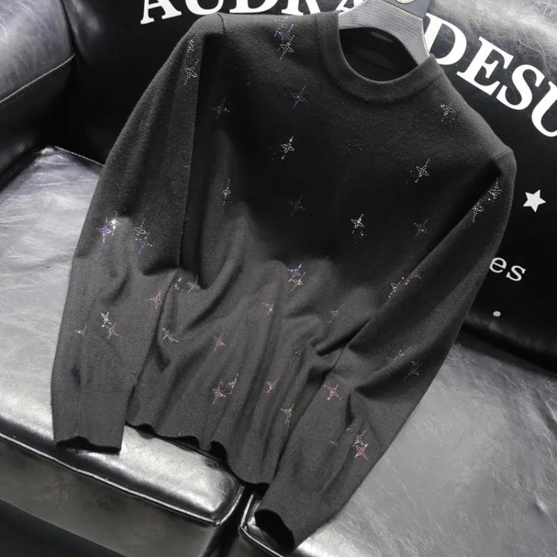 

Gypsophila Colored Hot Diamond Sweater Men Round Neck Long-Sleeve Slim Fit Elastic Pullover Black Fashion Tops Autumn Winter