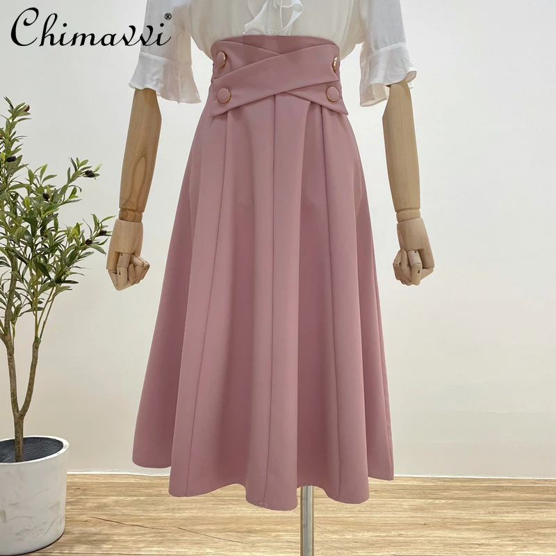 

2021 Summer High Waist A Line Skirt Women's Cross Contracting Umbrella Long Skirt Female White Pleated High Fashion Skirt