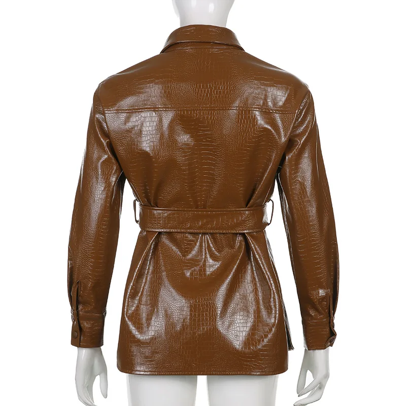 2021 new women's autumn and winter fashion trendy leather animal pattern lapel mid-length windbreaker jacket